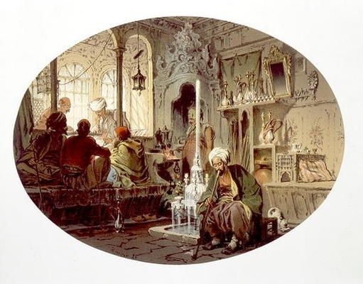 Historische Darstellung eines osmanischen Kaffeehauses mit Rauchenden und Gästen
